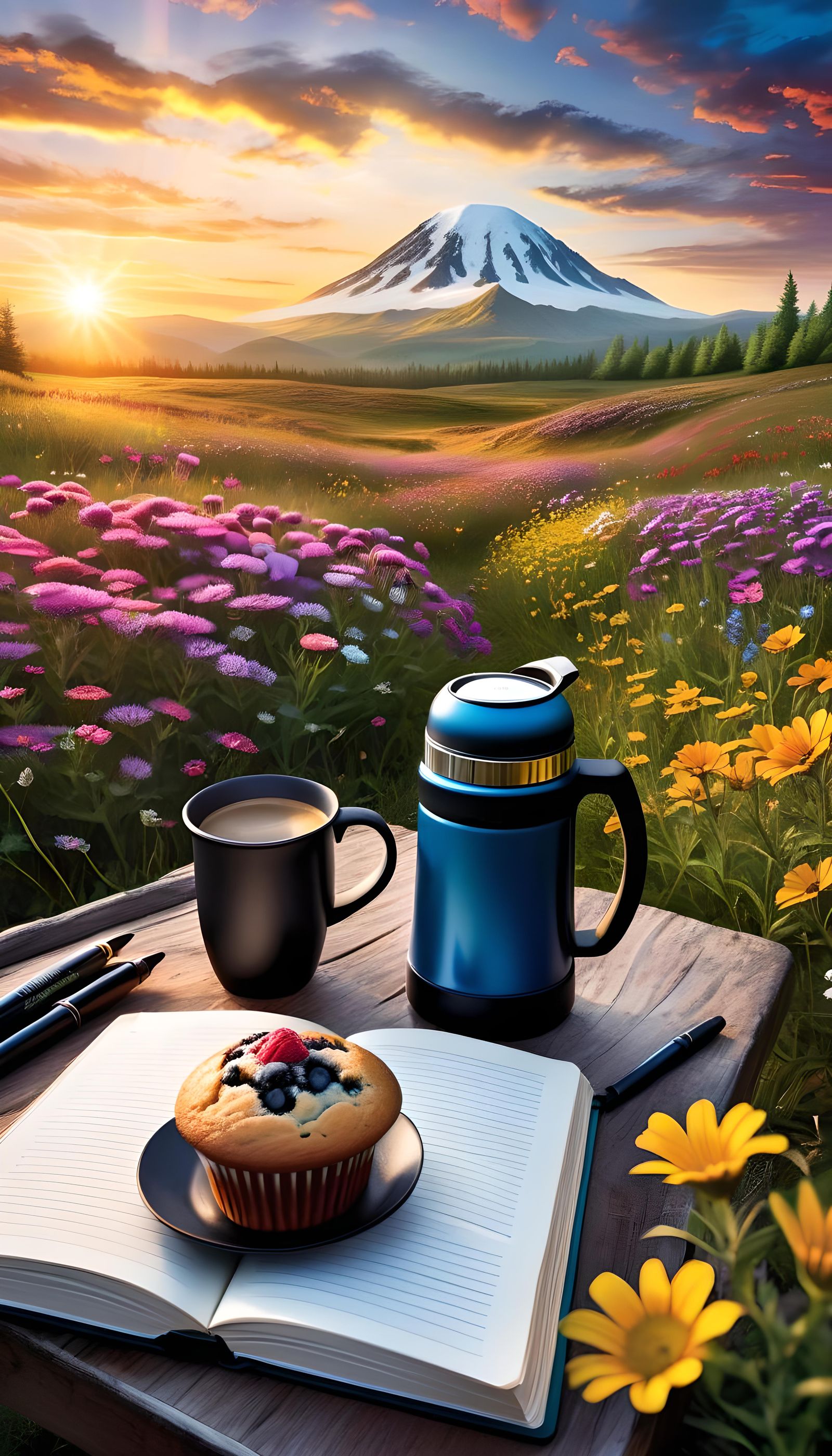 Scenic Tent View: Coffee, Sunset, and Mountainscape