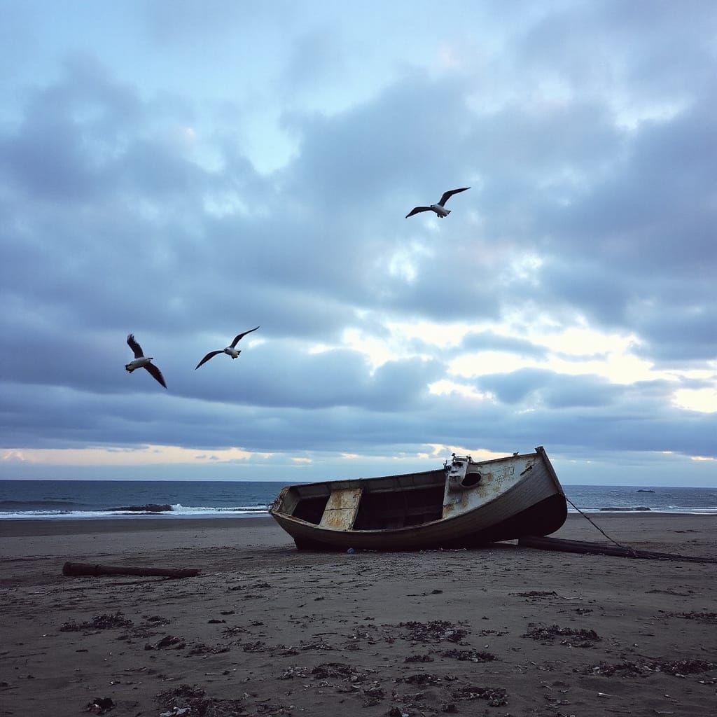 Abandoned Boat on Autumn Beach at Dusk, Tarkovsky Style