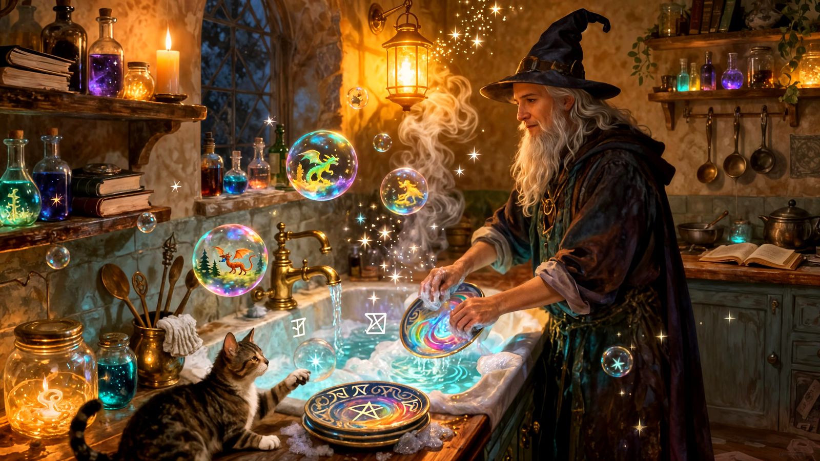 Wizard Washing Enchanted Dishes in Magical Kitchen