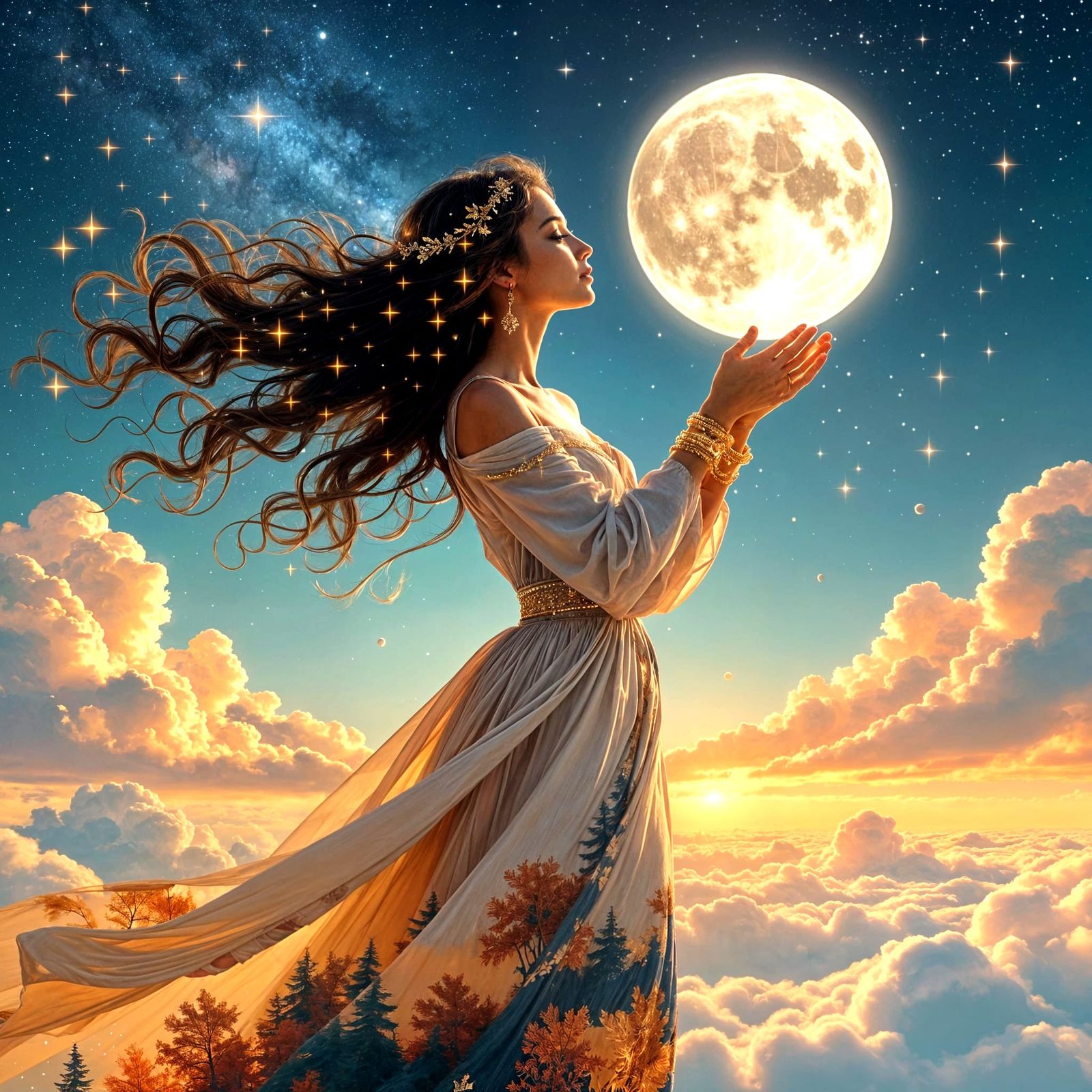 Cosmic Woman Touches Moon in Autumn Nature Dress