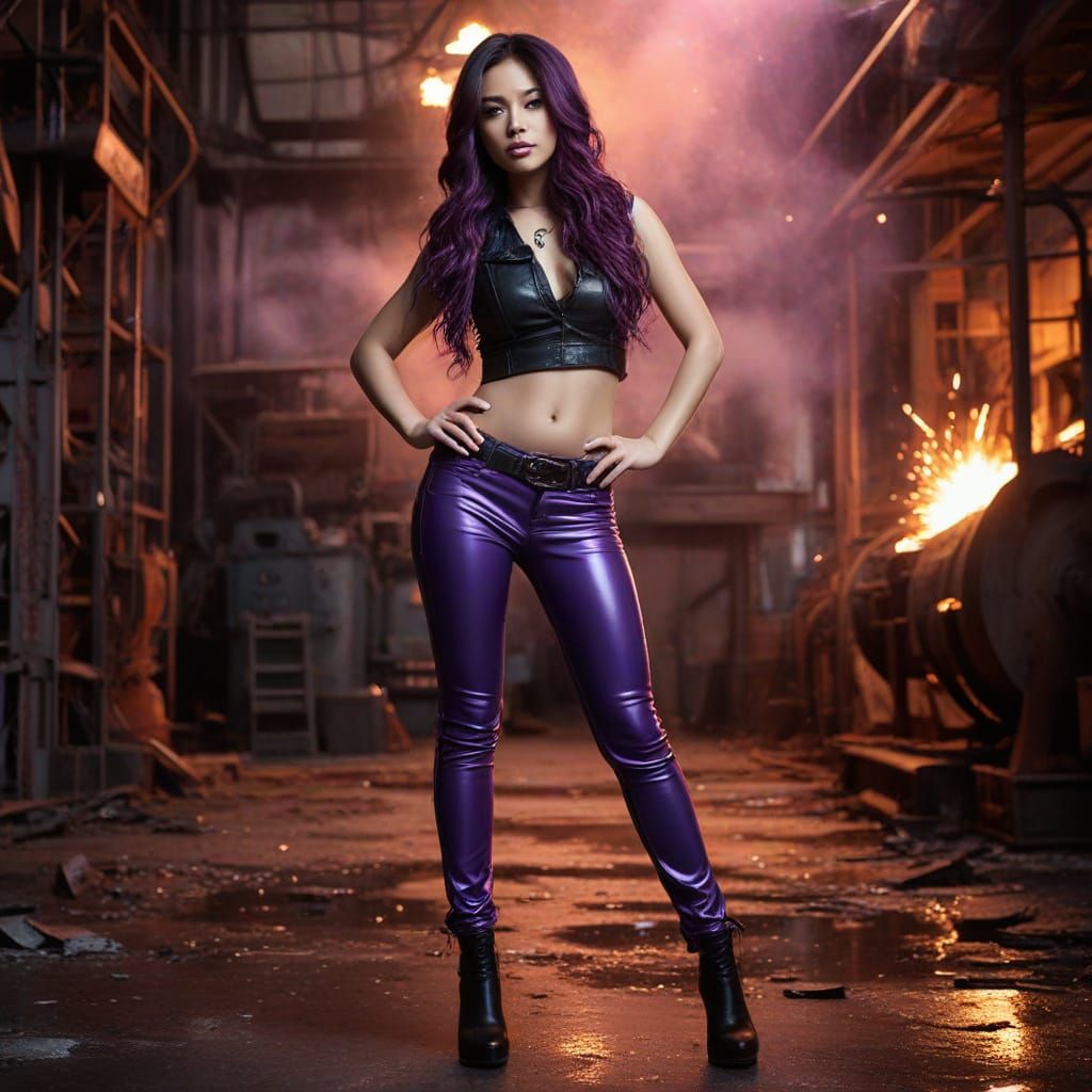 Asian Seductress in Leather Pants with Purple Hair