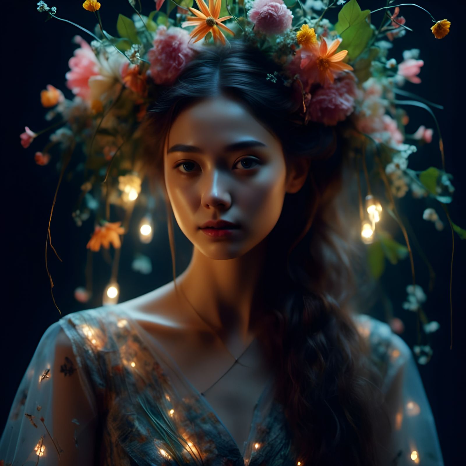 Neon Flora Portrait in Mixed Media Style