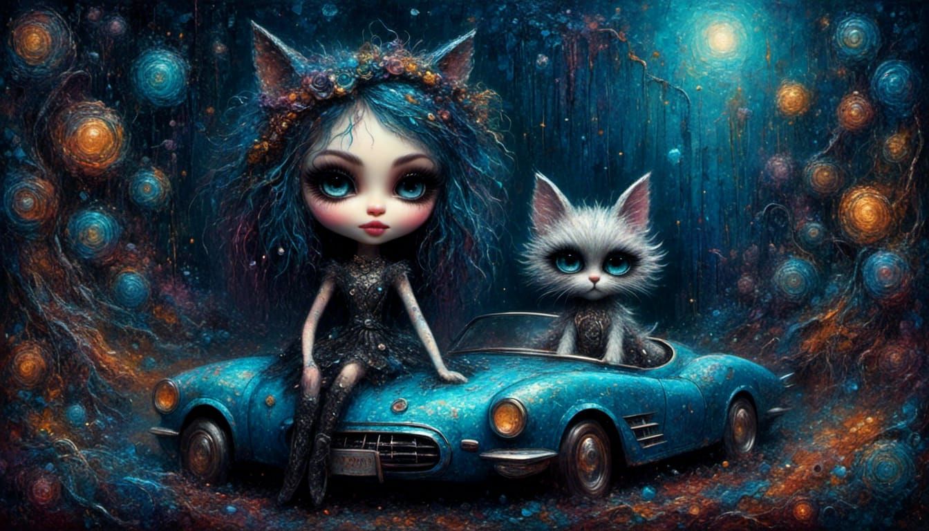 <lora:Texture and Detail:1.0> <lora:A Pretty Doll:1.0> A chibi cat sitting in a corvette, with A doll blue stars