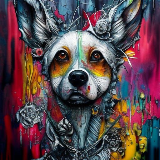 Detailed Dog Portrait in Gouache and Calligraphy