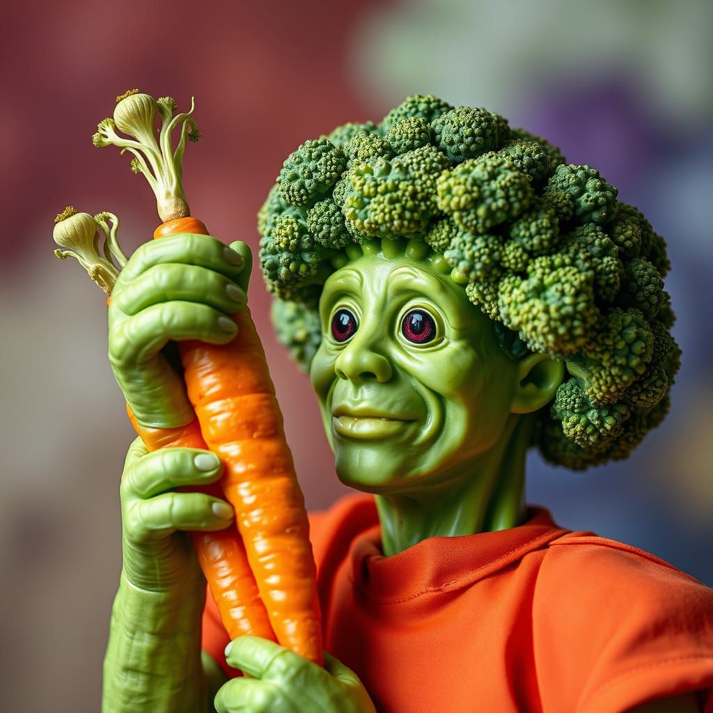 Surreal Macro Hero Broccoli Saves Baby Carrots in a Disturbi...