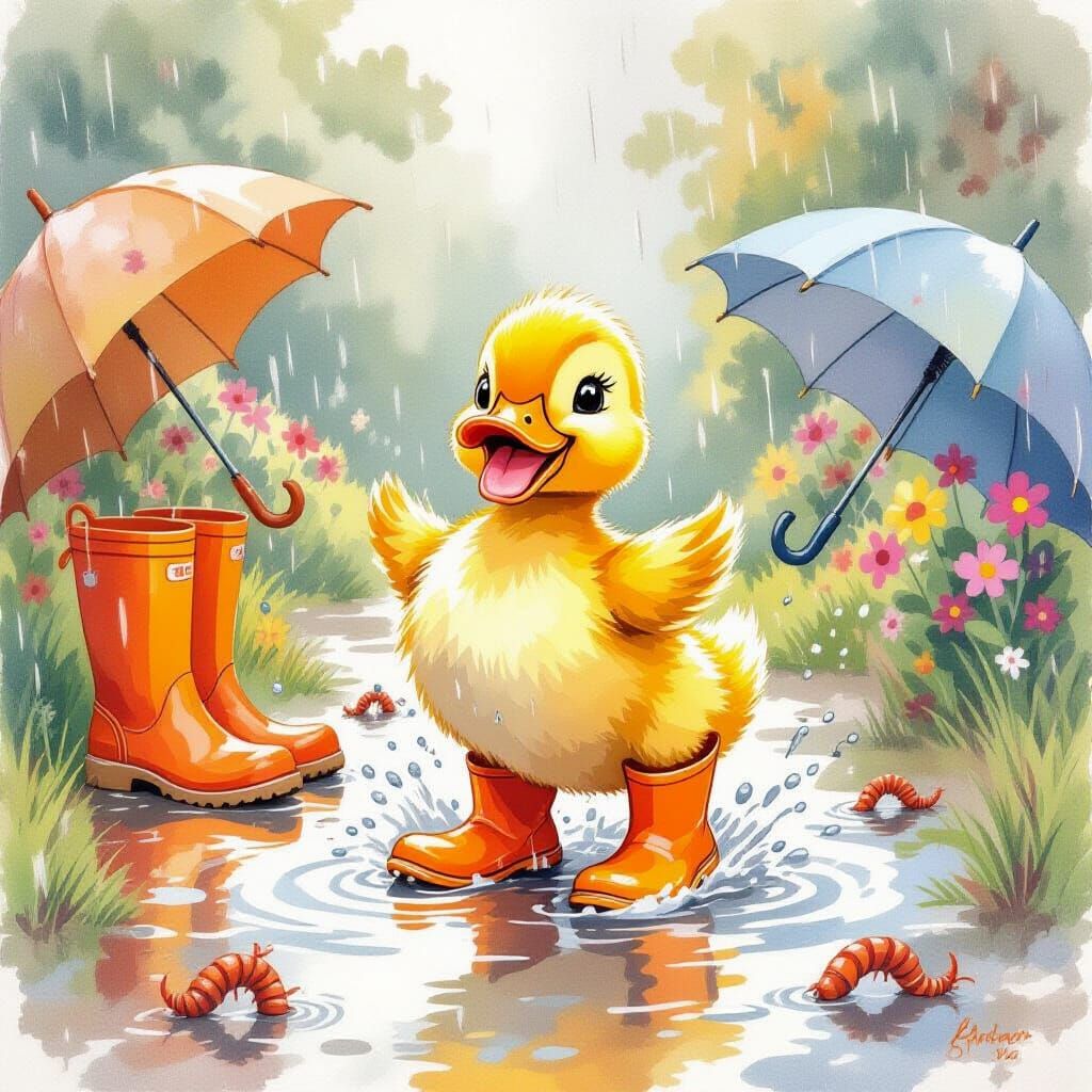 Duckling's Rainy Day Garden Adventure: A Watercolor Illustra...