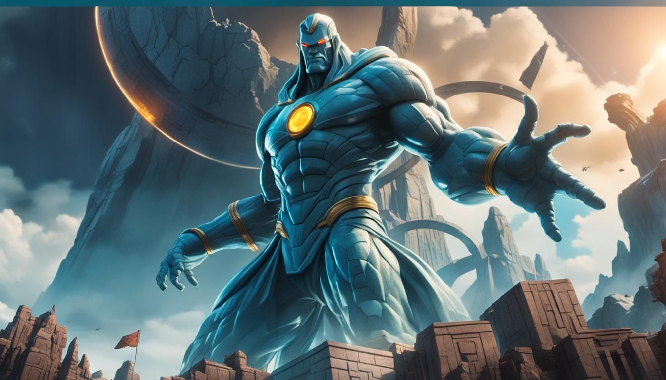 Omni-Man Stone Statue on Earth: Cinematic Comic Book Style