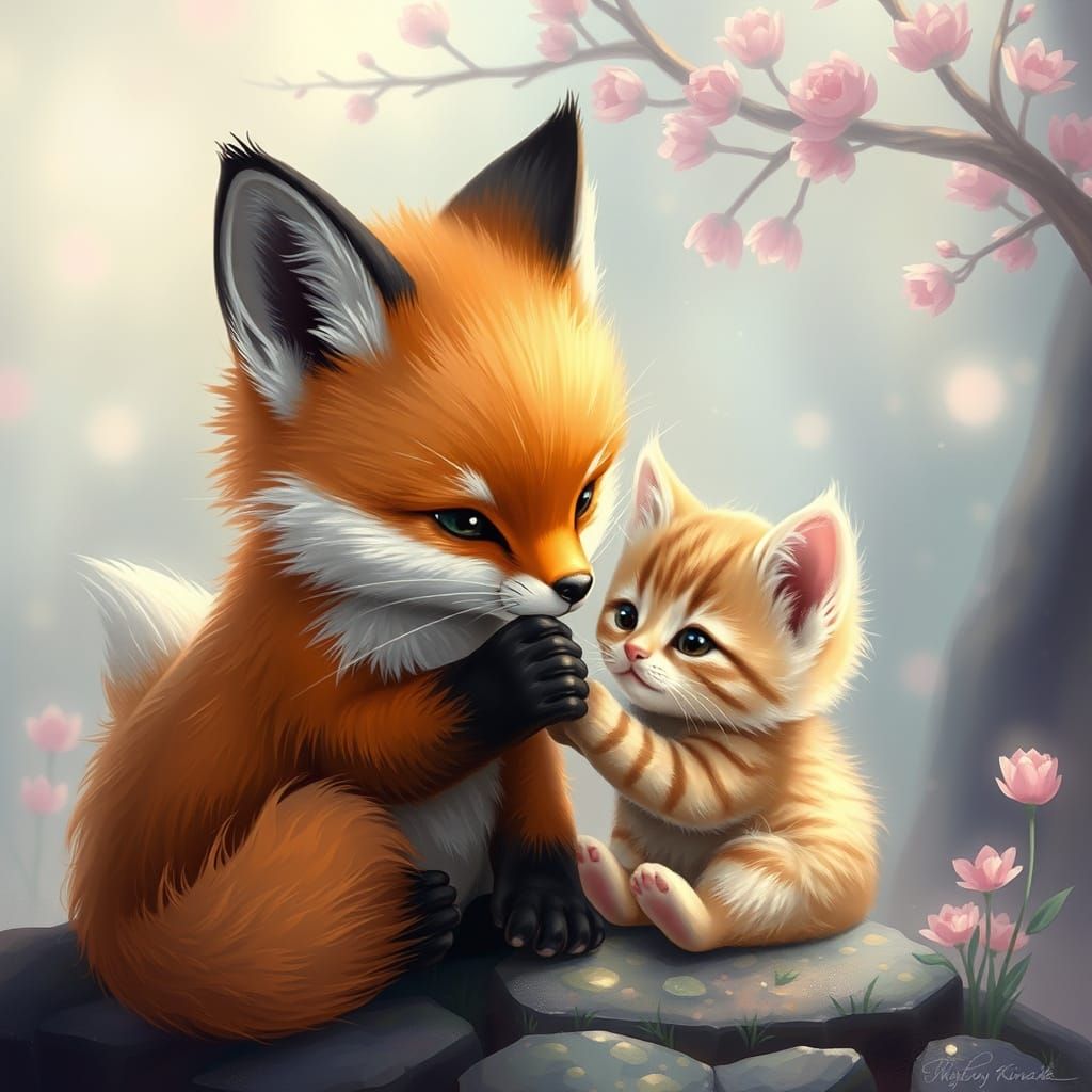 Chibi Fox and Cat in Whimsical KitKat Wonderland