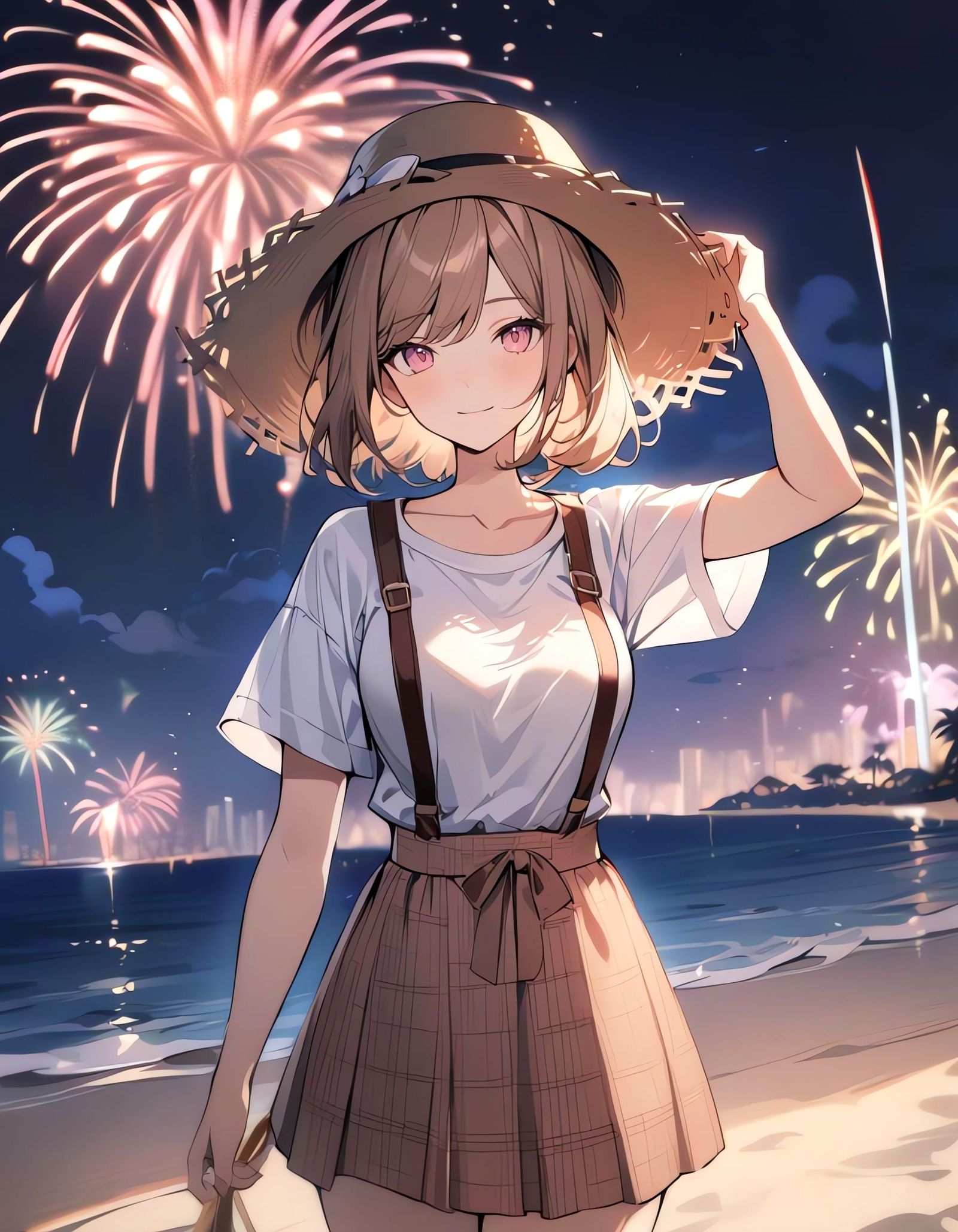 Girl in Pink Plaid Skirt on Beach at Night