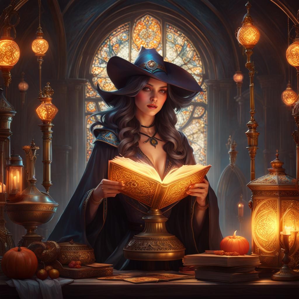 Enchanting Witch Reads Tarot Cards: Art Nouveau Style