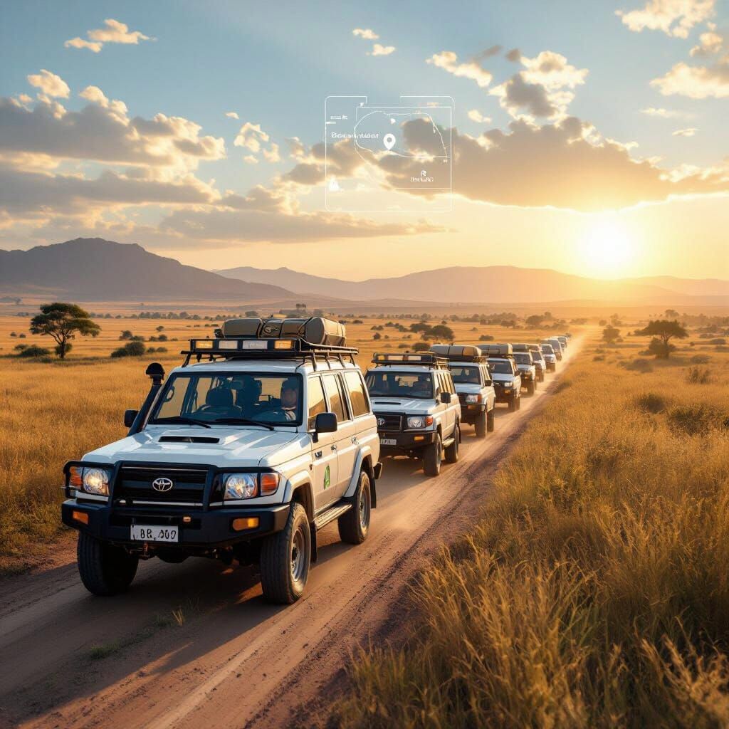 African NGO Convoy Tracking Through Rural Landscape