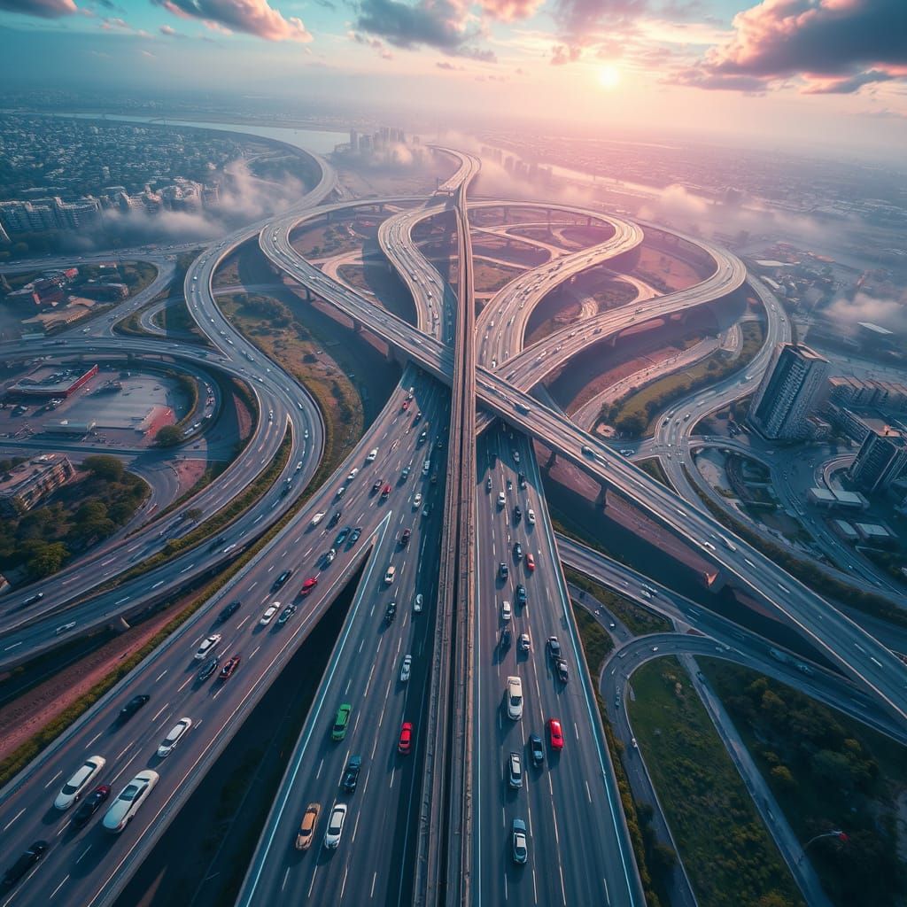 Surreal Freeway Interchange in Futuristic Style
