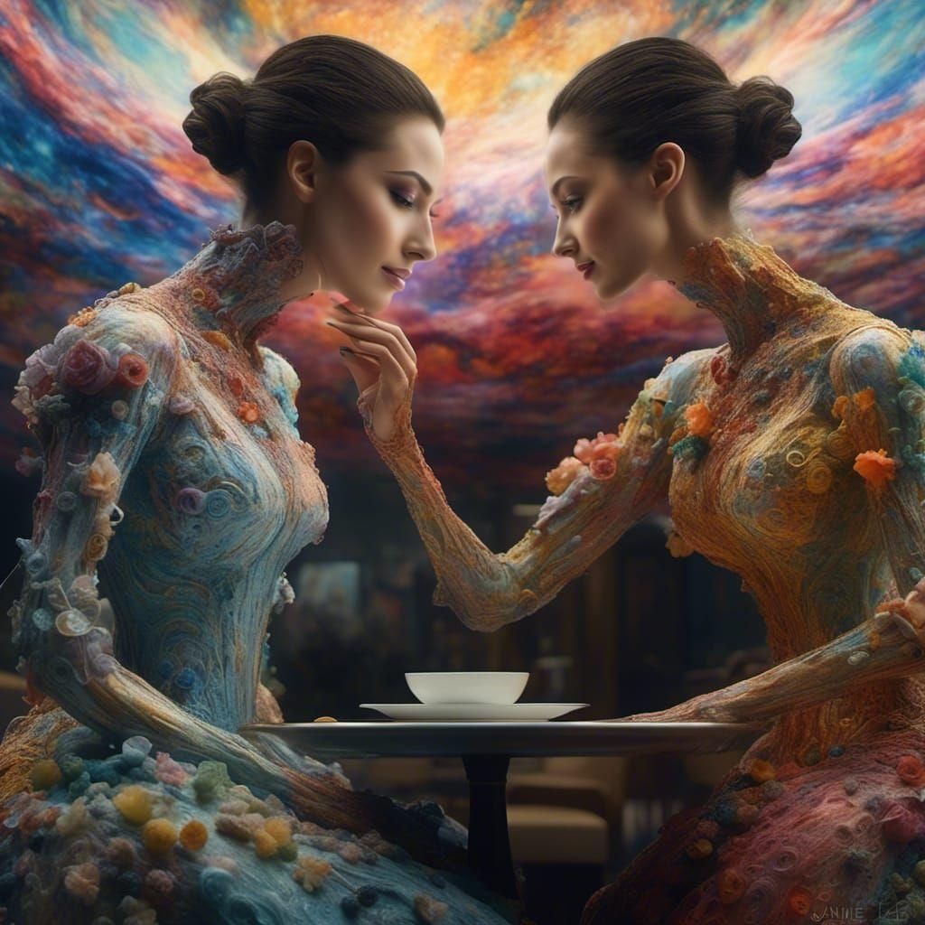 Beautiful Alien at Table in Polychromatic 3D Render