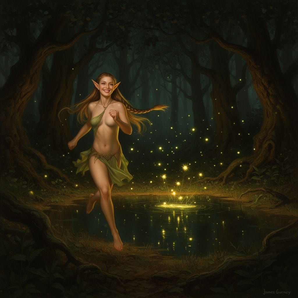 Elf Maiden Flees Dark Forest in Oil Painting Style