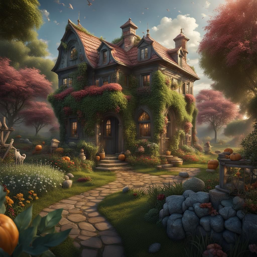 Fantastical House with Food Falling in Garden