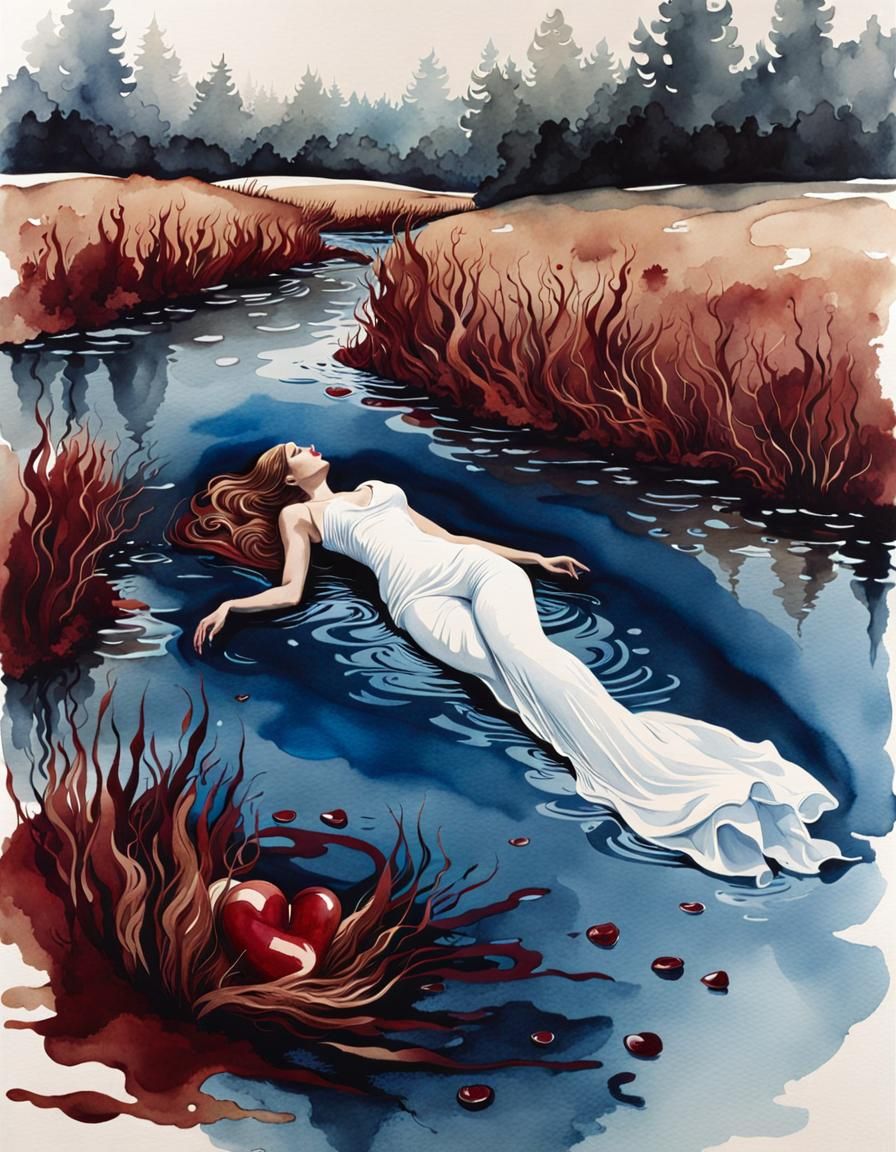 Surreal Woman Floats with Bleeding Heart