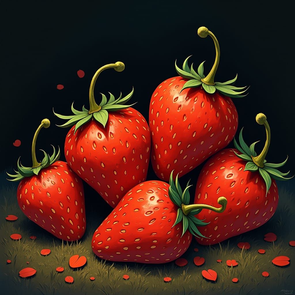 Whimsical Strawberries in Jon Klassen Minimalist Style