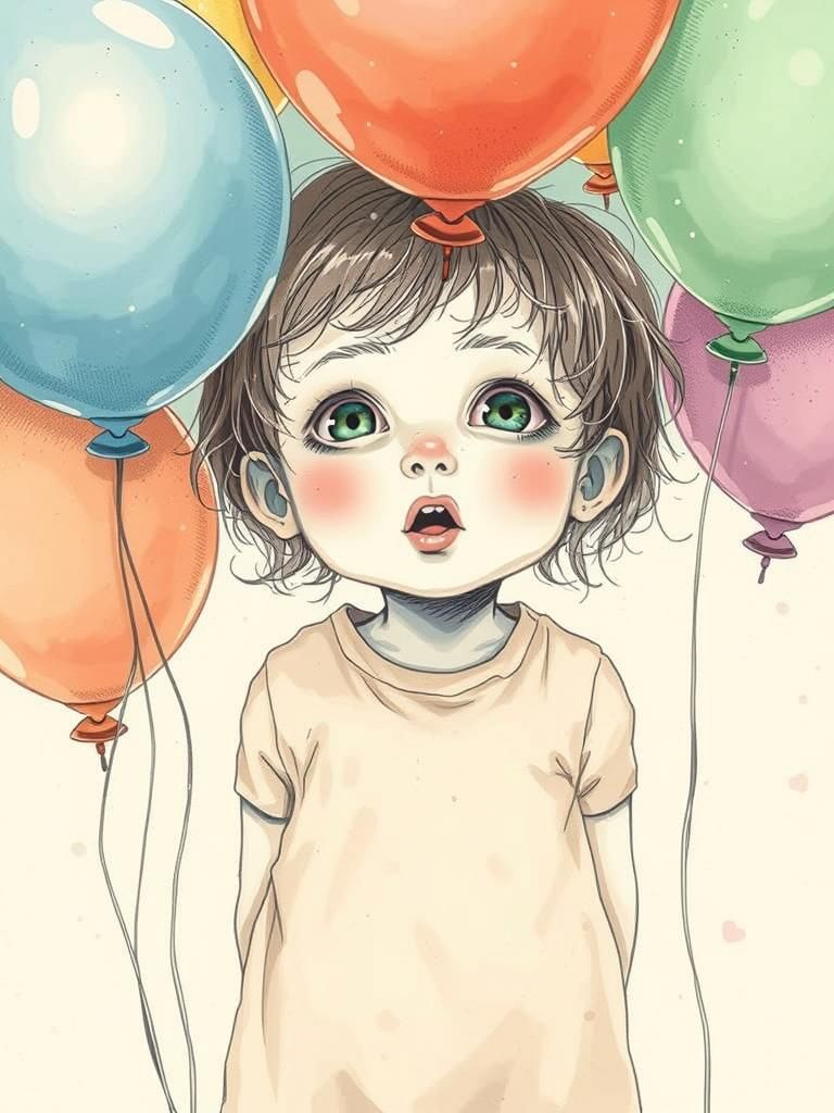 Child with Balloons in Lush Meadow, Matte Painting