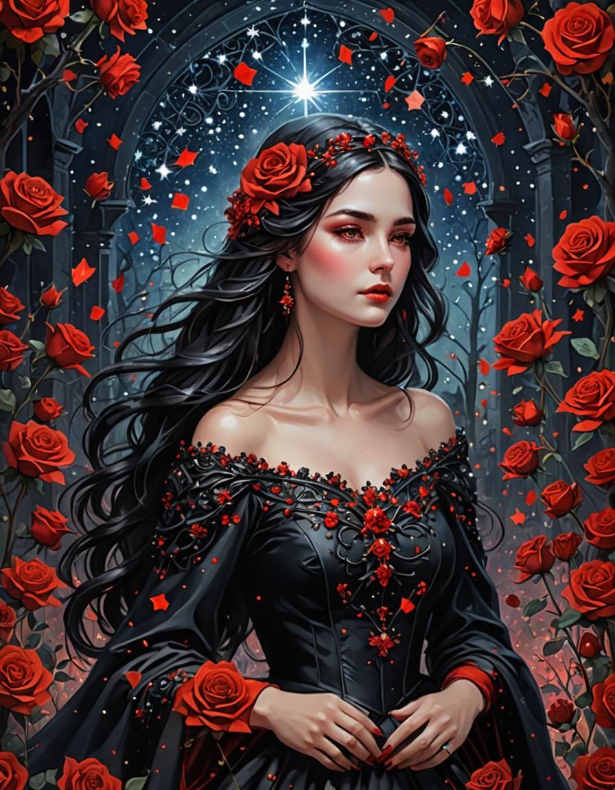 Fantasy Woman with Long Black Hair and Roses