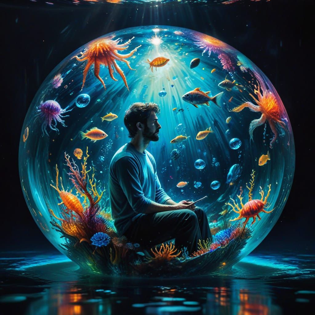 Man in Glass Sphere Underwater with Bioluminescent Creatures