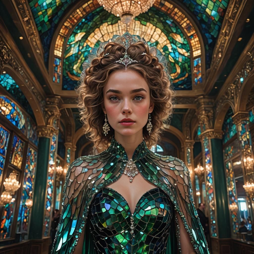 Woman in Crystal Mermaid Dress in Lavish Ballroom