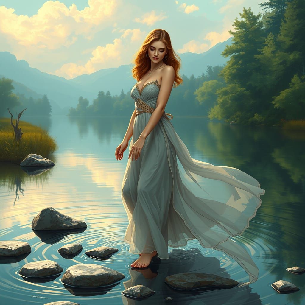 Elegant Woman Skipping Stones in Art Nouveau Style
