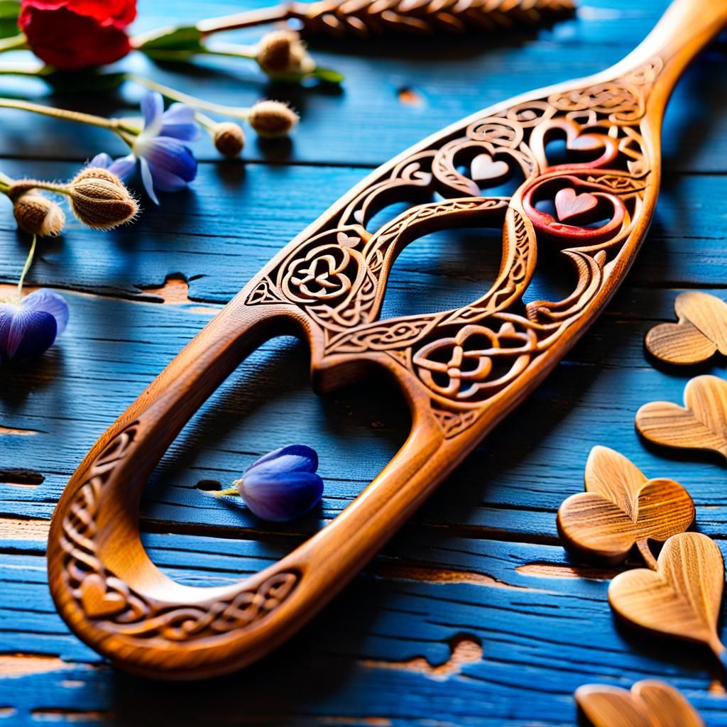 Intricately Carved Celtic Welsh Love Spoon