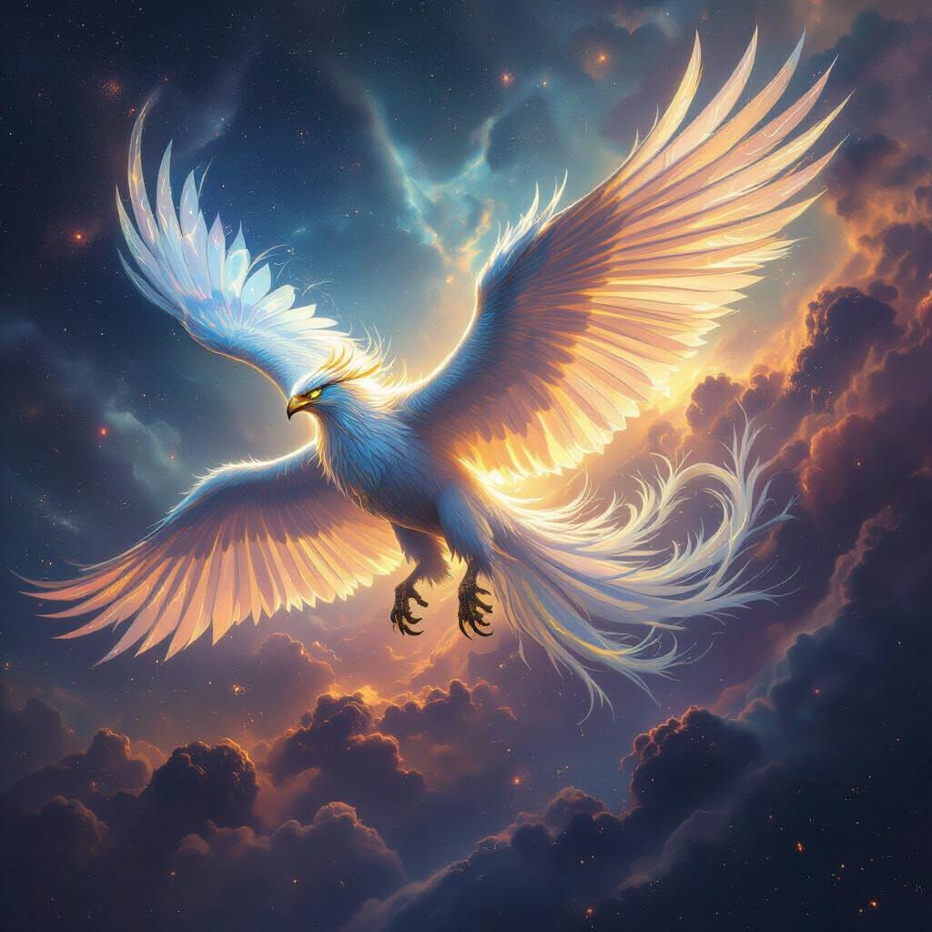 Bioluminescent Griffin Soaring Through Cosmic Nebula