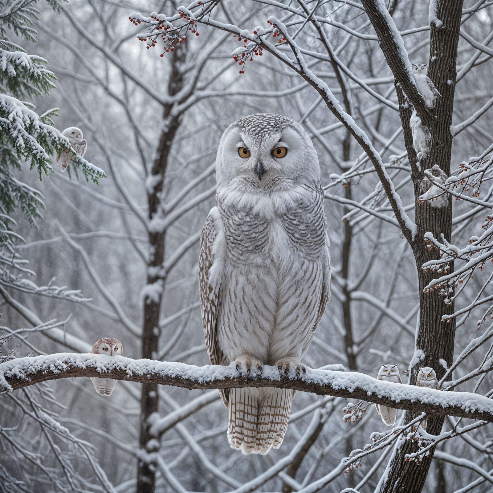 Snowy Forest Scene with Fluffy White Owl in Winter Wonderlan...