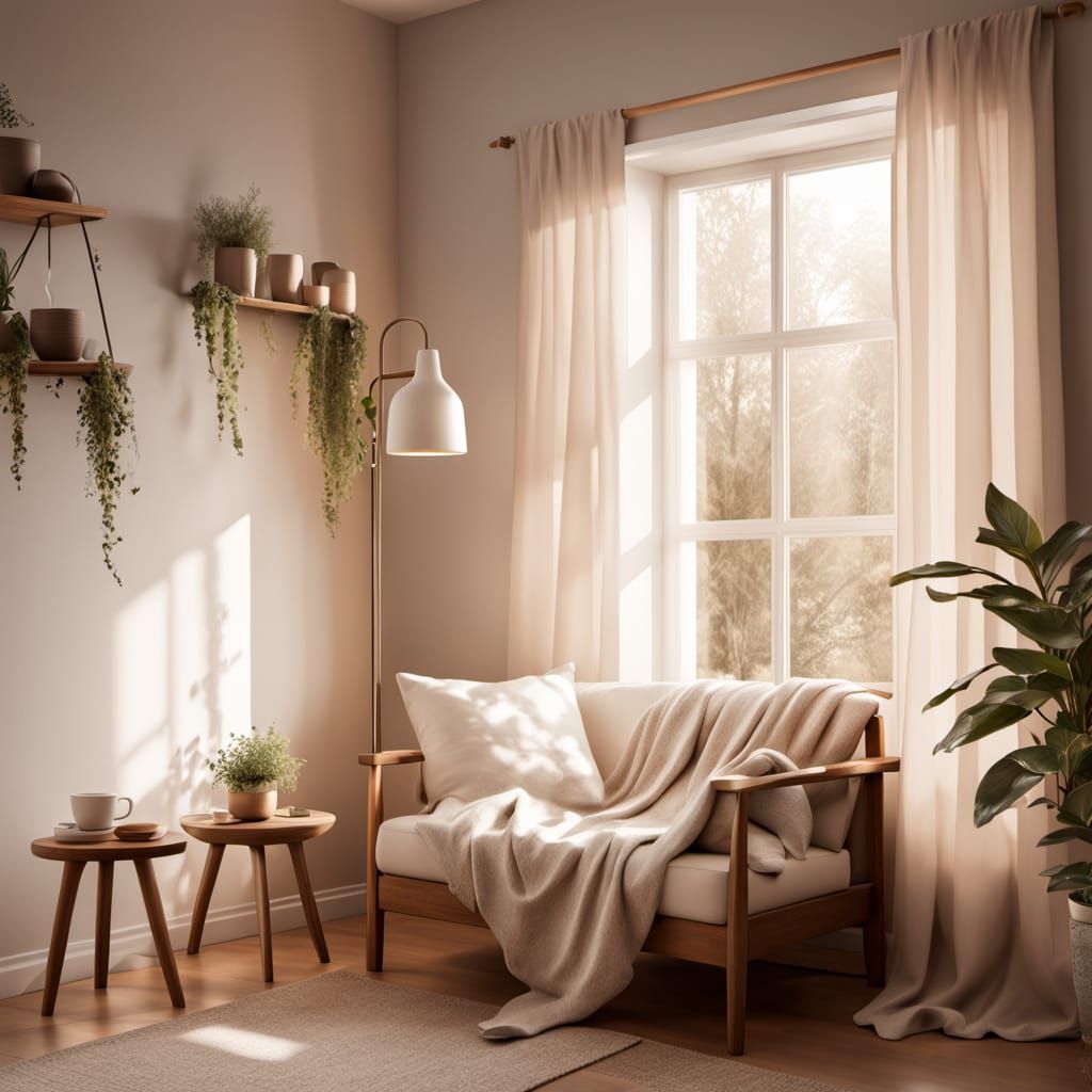 Cozy Sunlit Reading Nook with Steaming Tea