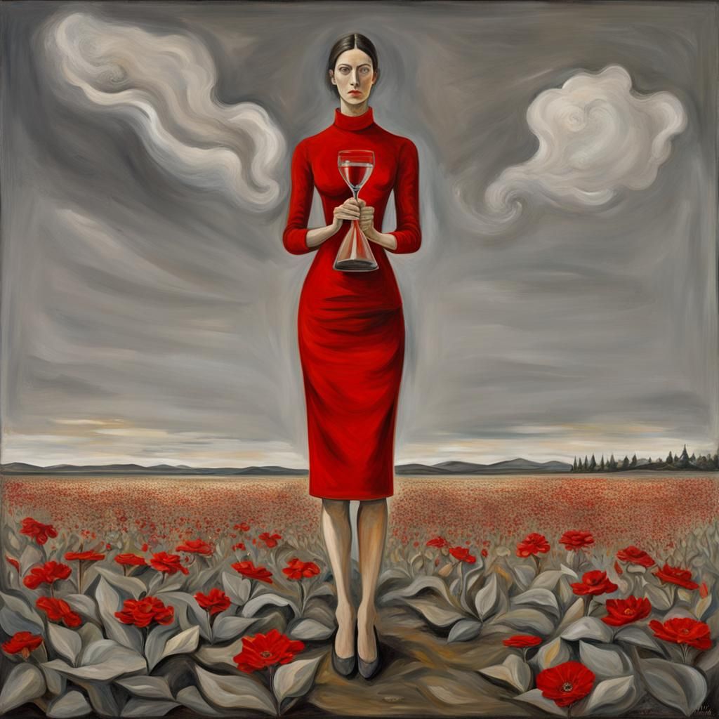 Woman with Hourglass: Surreal Photorealistic Oil Painting