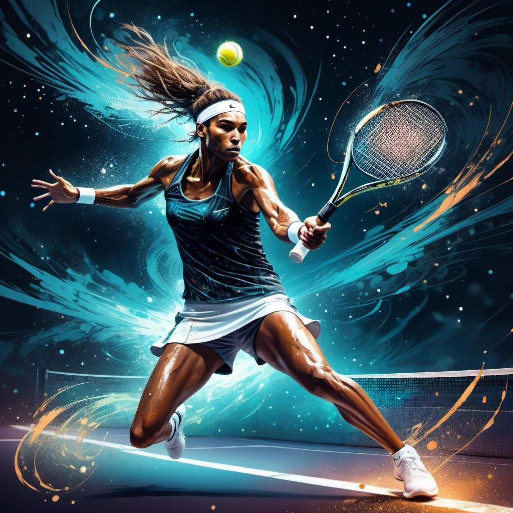 Tennis Player in Action Under a Meteor Shower