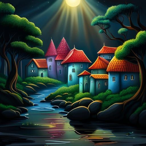 Whimsical Village in Ancient Forest