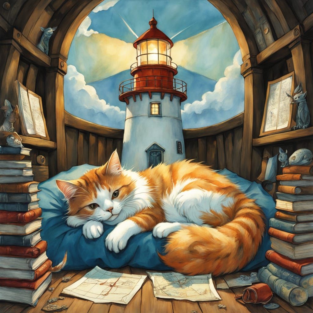 Cat Nap in Lighthouse, Ghibli-Inspired Fantasy