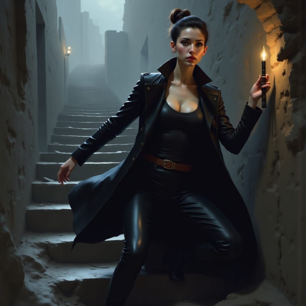 Stealthy Woman with Torch in Dark Stairwell