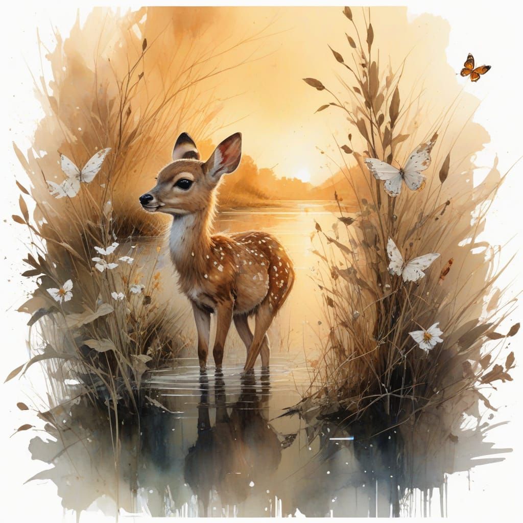 Fawn at Water's Edge: A Watercolor River Garden