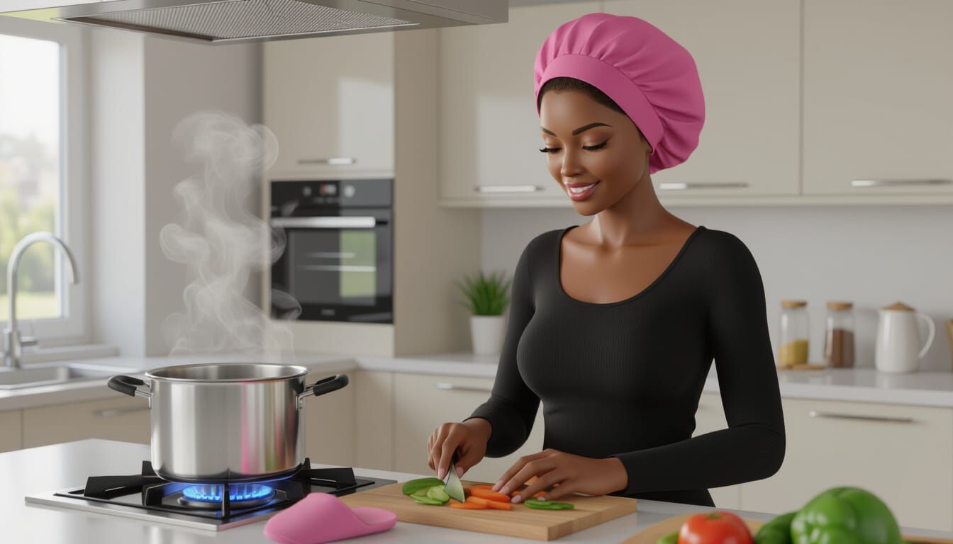 Animated Style Portrait of African Woman Cooking in Luxury K...