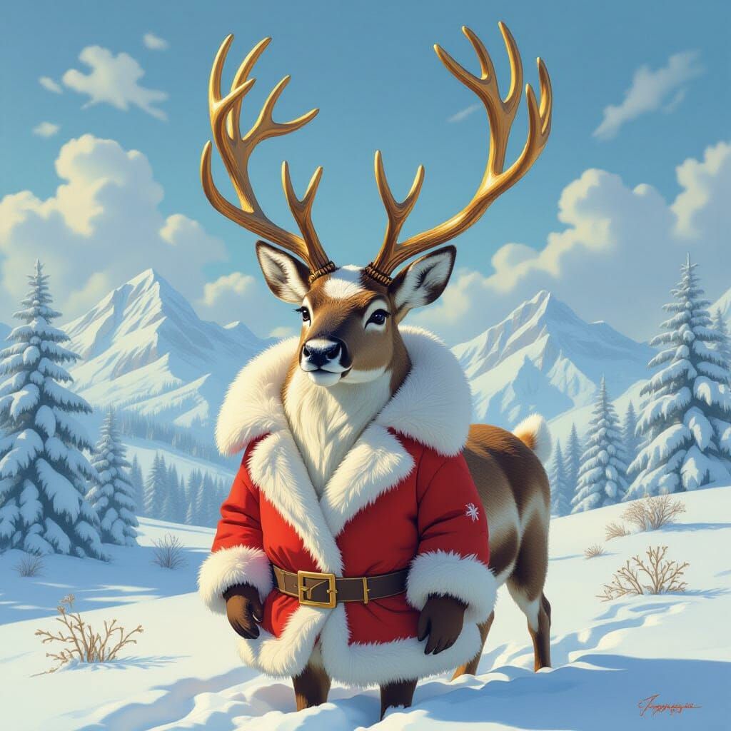 Reindeer with Golden Horns in Whimsical Style