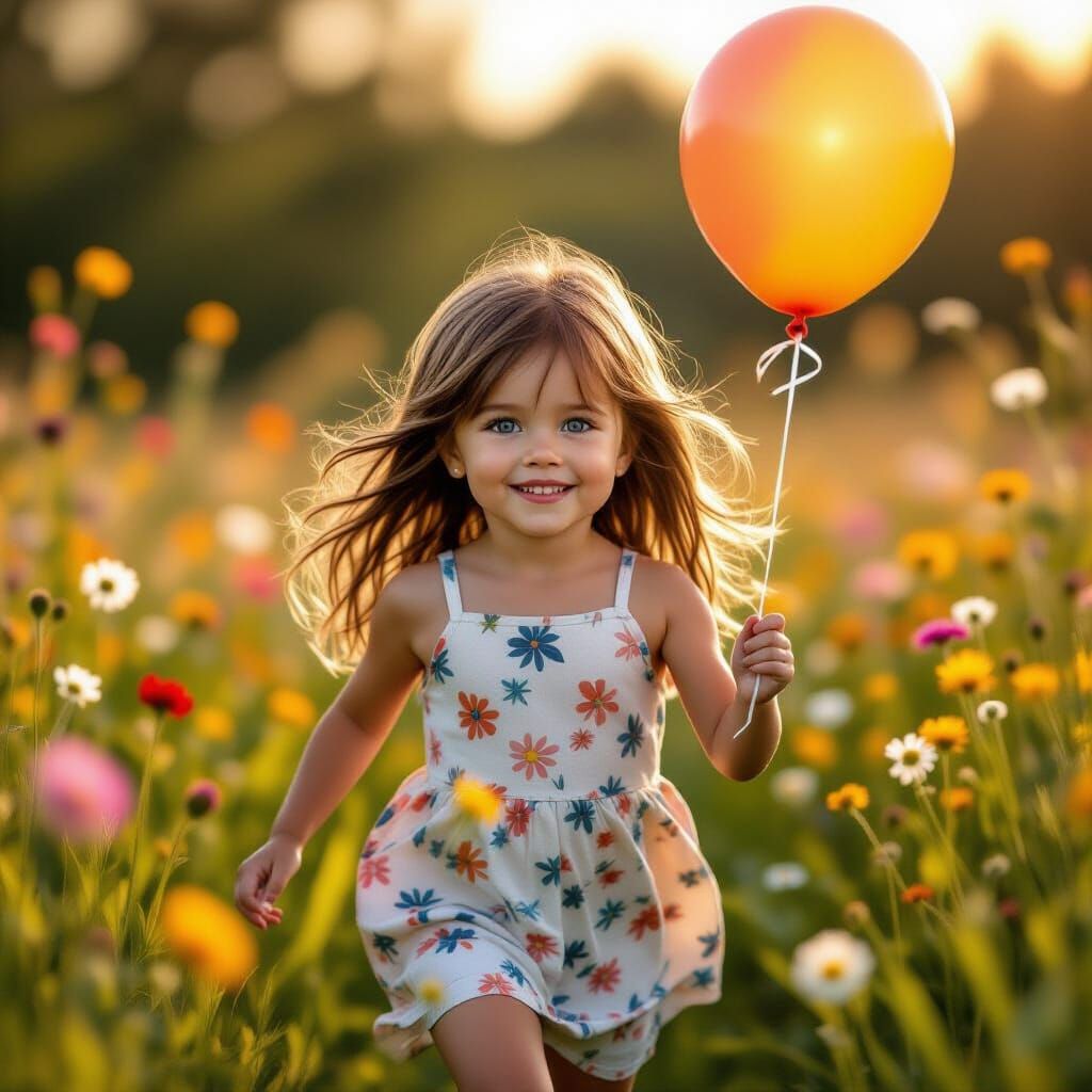 Realistic Photo: Girl Runs Through Wildflowers with Balloon