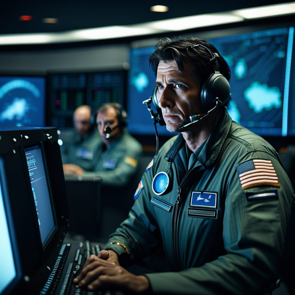 Worried Fighter Pilot in Space Agency Control Room