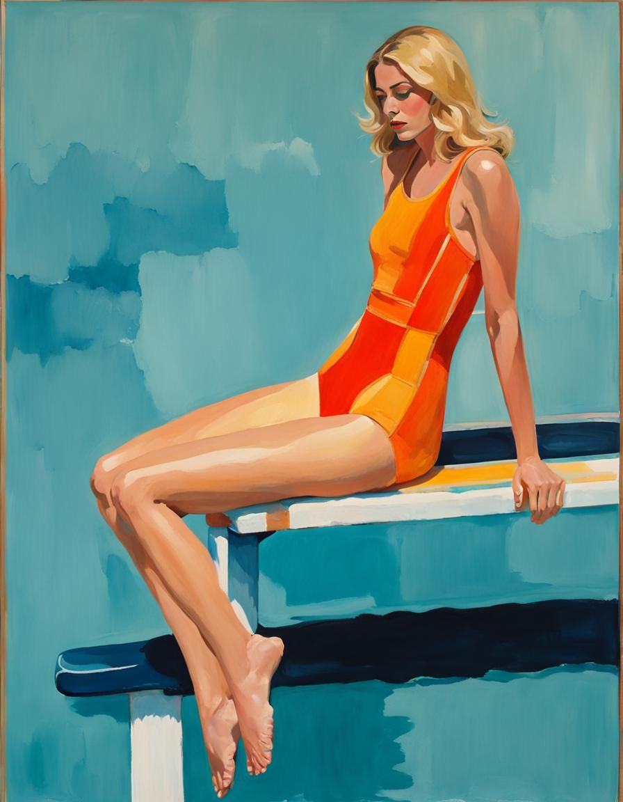 Young woman in an orange swimsuit sitting on a diving board