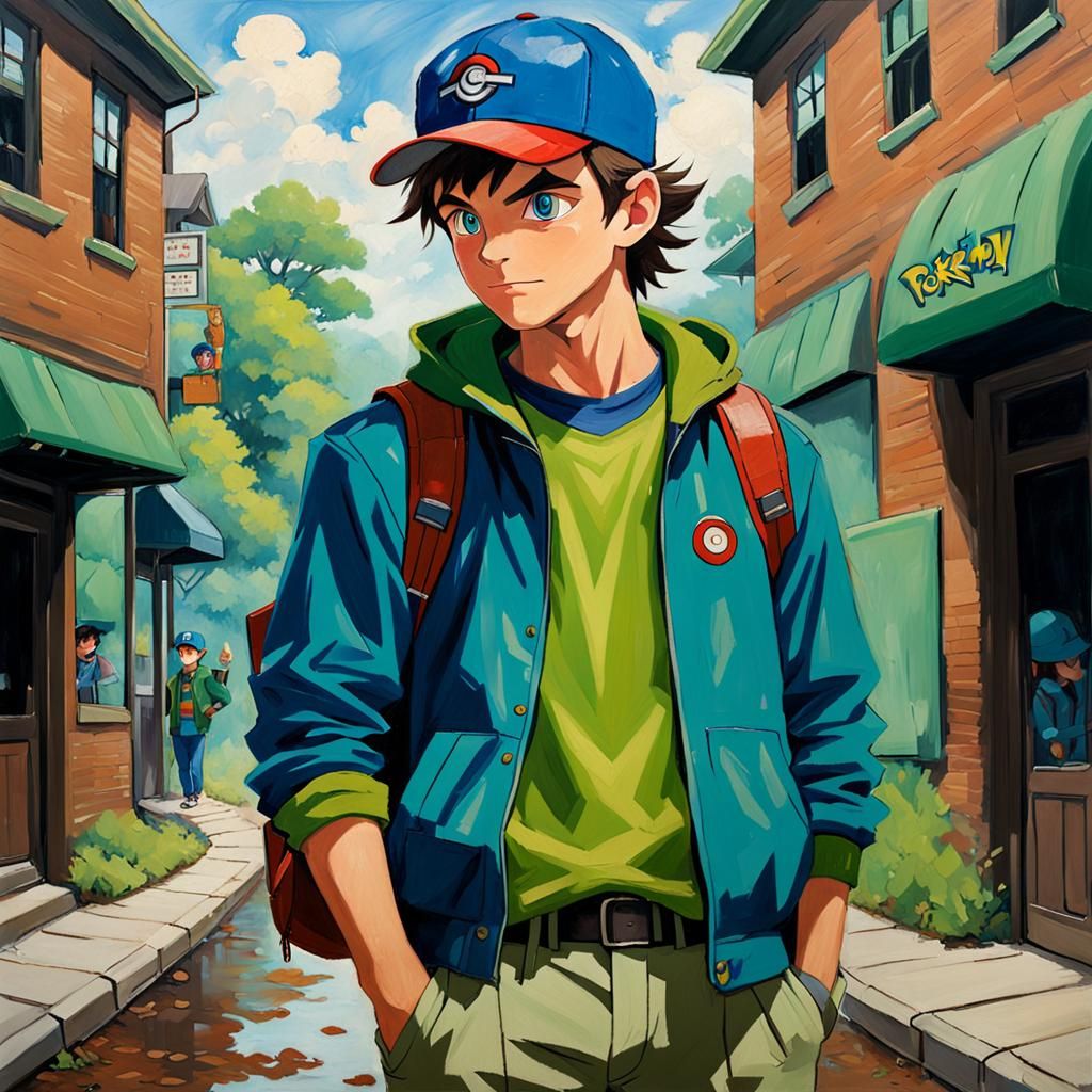 Pokémon Trainer with Blue Hat, Oil Painting Style