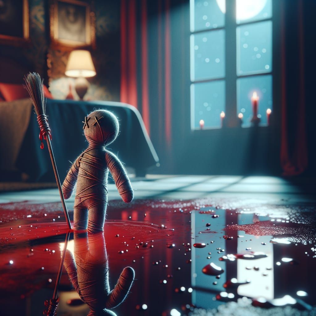 Eerie Voodoo Doll Rising in Crimson Pool