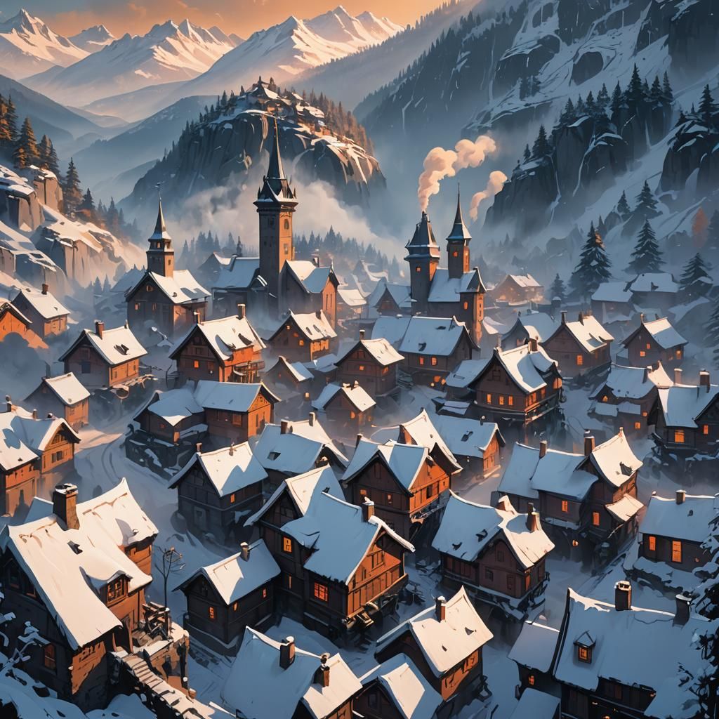 Snowy Mountain Village: Fantasy Concept Art