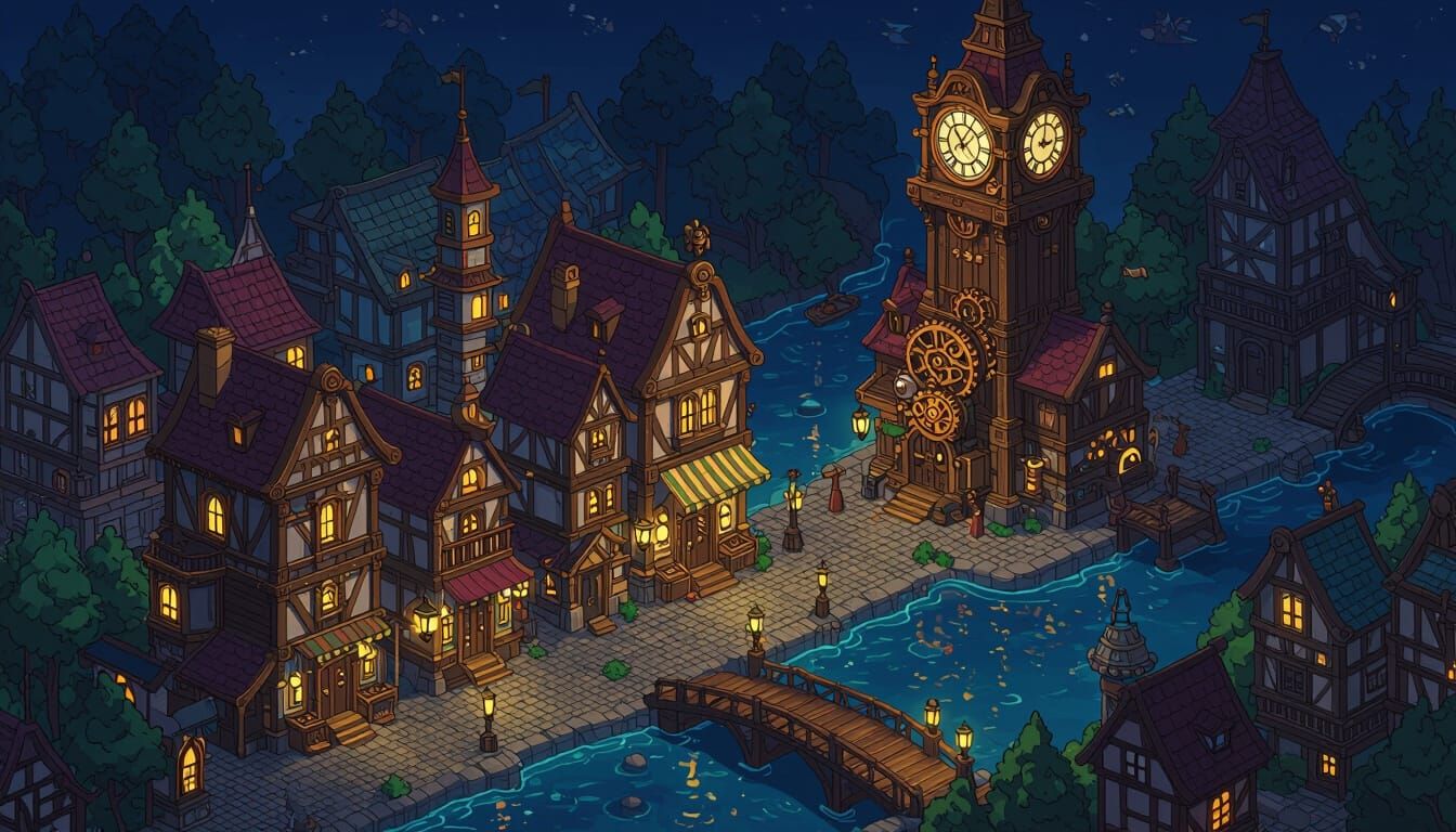 Isometric Steampunk Town in Anime Cartoon Style