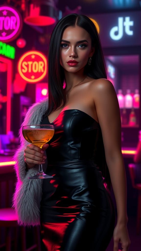 Neon Bar Woman in Leather Dress, Digital Art
