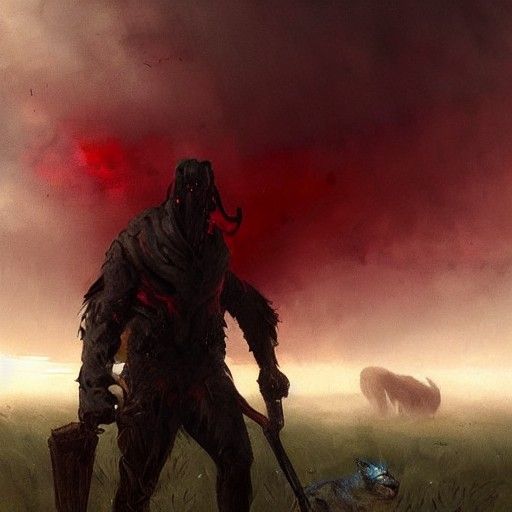 Hunters Face Giants Under Red Sky, Fantasy Illustration
