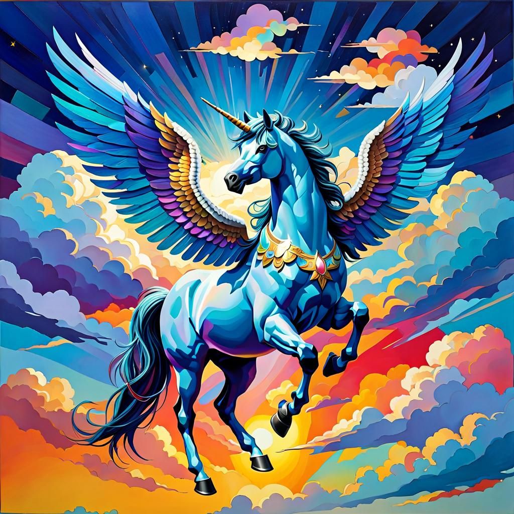 Colorful Pegasus with Iridescent Wings in Expressionism Styl...