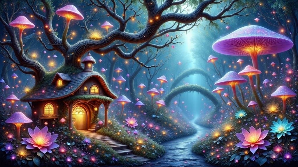 Whimsical Fairy Village in a Glowing Tree Canopy