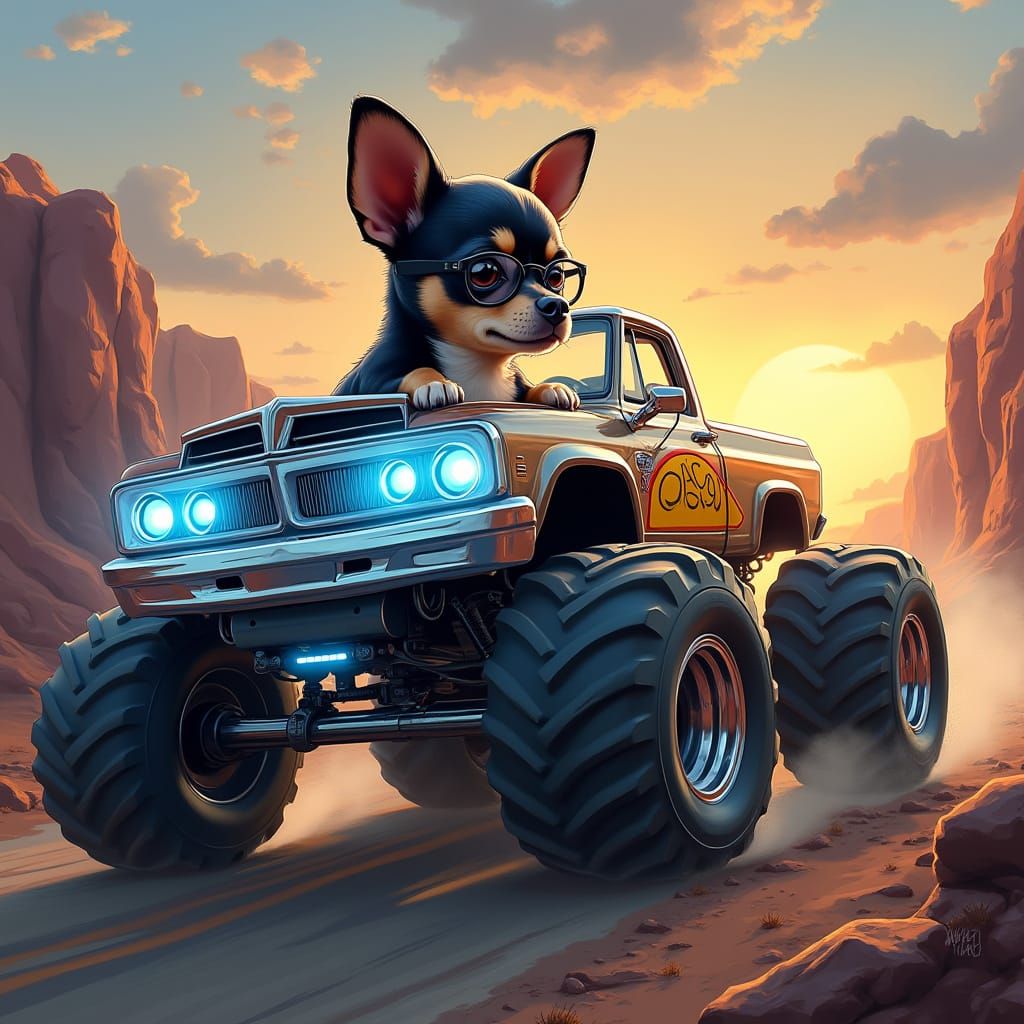 Chihuahua Drives Monster Truck: Digital Acrylic Chalk Art